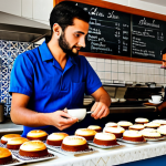 Lisbon Cafe Scene**

"A professional barista in a modest uniform serving coffee at a busy Lisbon cafe with azulejo tiles, fully clothed, appropriate attire, safe for work, perfect anatomy, natural proportions, professional photography, high quality. Customers are enjoying *pastéis de nata* and *bica*."

**
