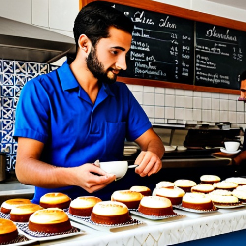 Home 7 Lisbon Cafe Scene**
"A professional barista in a modest uniform serving coffee at a busy Lisbon cafe with azulejo tiles, fully clothed, appropriate attire, safe for work, perfect anatomy, natural proportions, professional photography, high quality. Customers are enjoying *pastéis de nata* and *bica*."
**