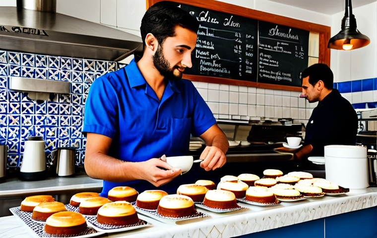 Lisbon Cafe Scene**

"A professional barista in a modest uniform serving coffee at a busy Lisbon cafe with azulejo tiles, fully clothed, appropriate attire, safe for work, perfect anatomy, natural proportions, professional photography, high quality. Customers are enjoying *pastéis de nata* and *bica*."

**