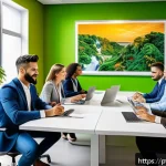 사례로 보는 성공적인 지식 활용 프로젝트 - A modern Brazilian office environment showing diverse teams of professionals collaborating around a ...
