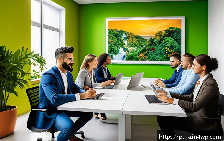 사례로 보는 성공적인 지식 활용 프로젝트 - A modern Brazilian office environment showing diverse teams of professionals collaborating around a ...